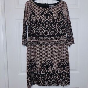 WOMENS LACE OVERLAY COCKTAIL DRESS ELIZA J TAN BLACK 3/4 SLV SCALLOP HEM 12 L